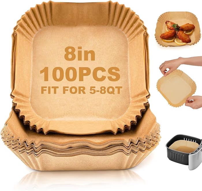 8 Inch Square Air Fryer Paper Liners (100 PCS) | Non-Stick Disposable Parchment Paper for Air Fryer, Oven & Baking Tray | Heat Resistant Cooking Basket Inserts