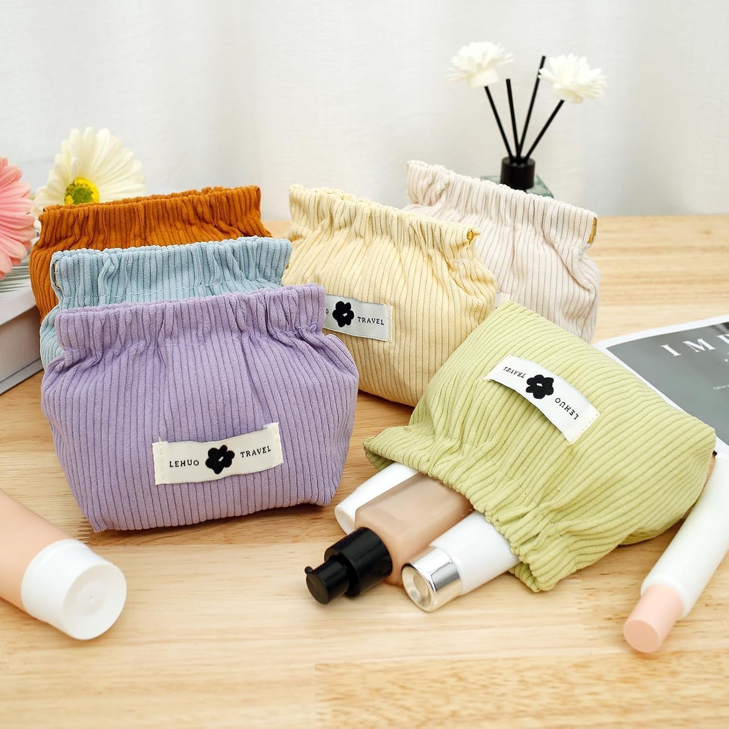 2 Pcs - Corduroy Drawstring Travel Makeup Pouch | Portable Cosmetic & Toiletry Organizer Bag for Women