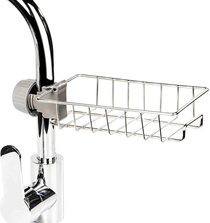 Faucet Mounted Sponge Holder for Kitchen Sink | Stainless Steel Tap Storage Rack Organizer with Adjustable Clamp Basket for Sponge, Soap & Dishwashing Accessories