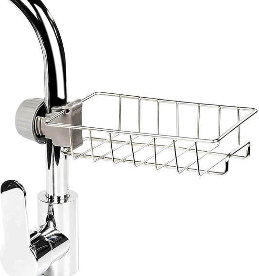 Faucet Mounted Sponge Holder for Kitchen Sink | Stainless Steel Tap Storage Rack Organizer with Adjustable Clamp Basket for Sponge, Soap & Dishwashing Accessories
