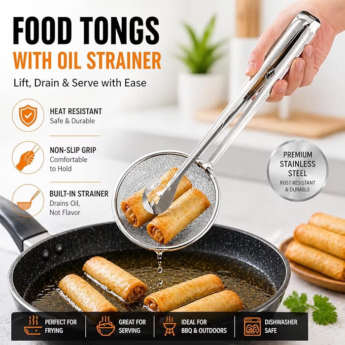 2-in-1 Multi-Functional Frying Tong & Filter Spoon | Stainless Steel Fry Tool with Oil Strainer Clip for Deep Frying, BBQ & Kitchen Cooking