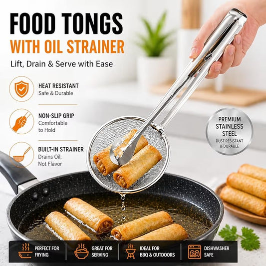 2-in-1 Multi-Functional Frying Tong & Filter Spoon | Stainless Steel Fry Tool with Oil Strainer Clip for Deep Frying, BBQ & Kitchen Cooking