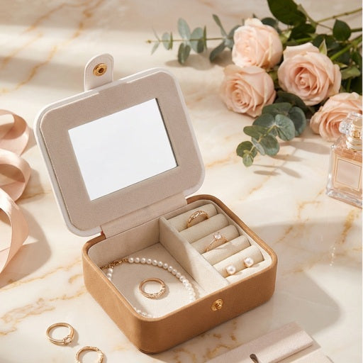 Portable Mini Travel Jewelry Box with Mirror | Compact Jewelry Organizer for Rings, Earrings, Necklaces & Accessories