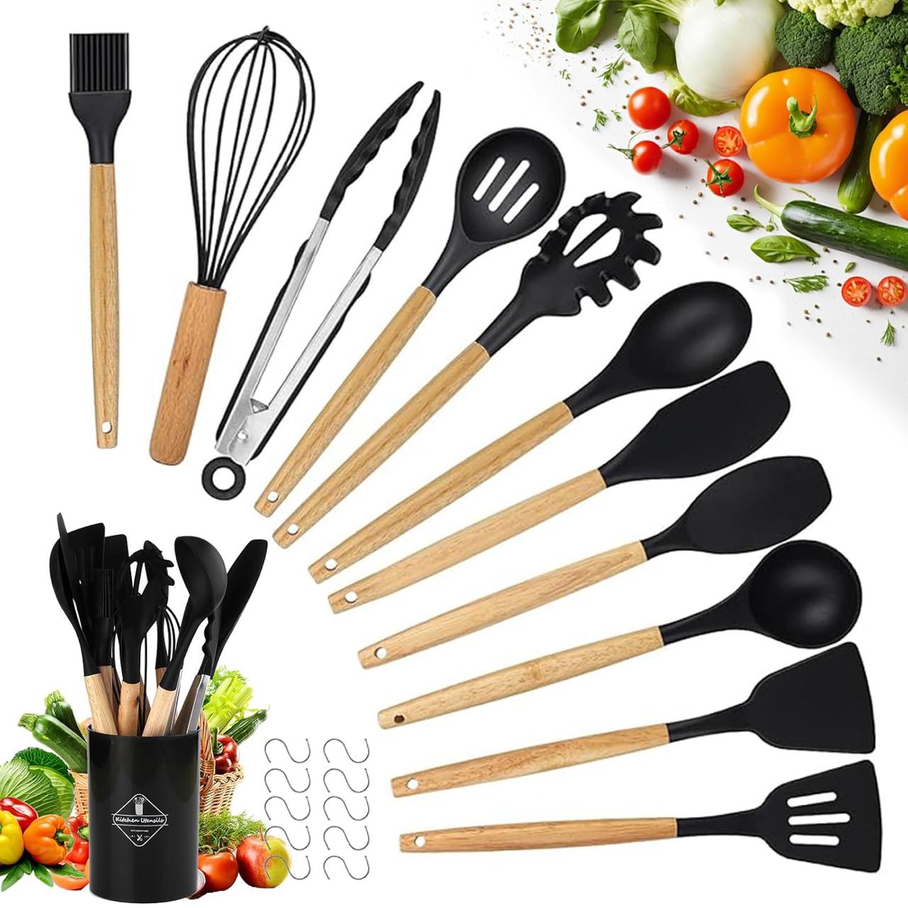 12 Pc Set - Silicone & Wooden Kitchen Utensil Set | Heat Resistant Non-Stick Cooking Tools Set for Cooking, Baking & Serving