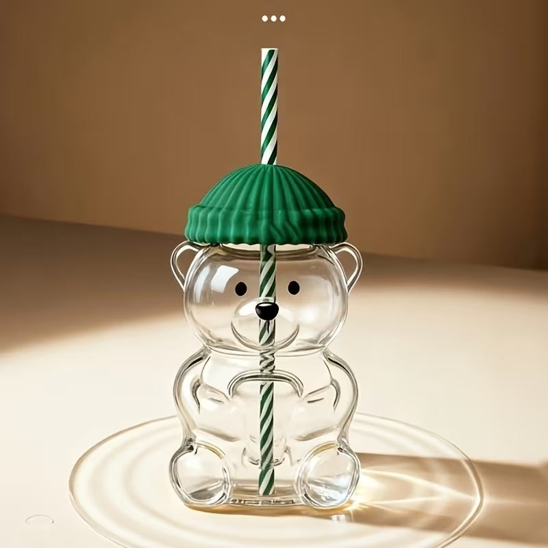 Teddy Bear Glass Cup with Straw